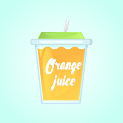 A glass of fresh orange juice in a glass bowl with a straw. Advertising of the product. Vector illustration.  Isolated on a gradient background.