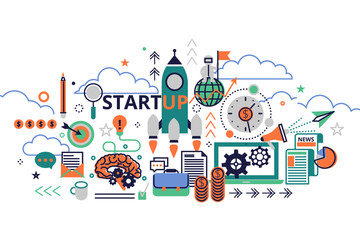 Obraz premium Vector illustration flat line design. Concept of startup project, from idea through planning and strategy, marketing, finance, to realization and success. Concept for web banners and printed materials