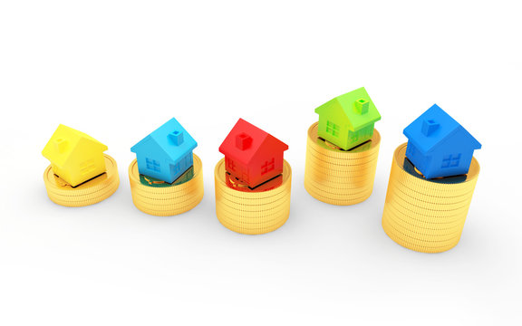 Group of colorful houses on stacks of golden coins isolated on white background. 3D illustration