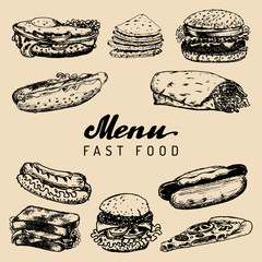 Fast food menu in vector. Burgers, hot dogs, sandwiches illustrations. Snack bar, street restaurant, cafe icons.