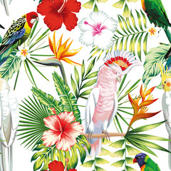 Parrot tropical flowers and leaves seamless pattern white background © berry2046