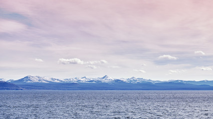 Color toned panoramic picture of the Yellowstone Lake, Yellowstone National Park, Wyoming, USA.