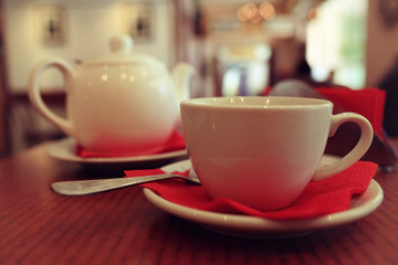 cup of tea or coffee in a cafe serving breakfast table