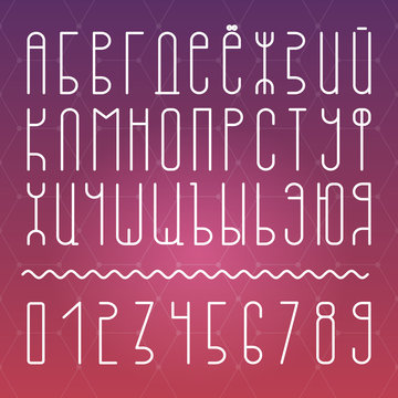 Vector font. Cyrillic letters and numbers. Russian alphabet. Tall light letters style. Russian Sans font