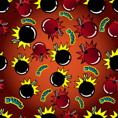 Seamless pattern with inscriptions and bombs. Vector comic seamless pattern in pop art retro style. Abstract seamless pattern for girls, boys, clothes. Trend colors, bright prints