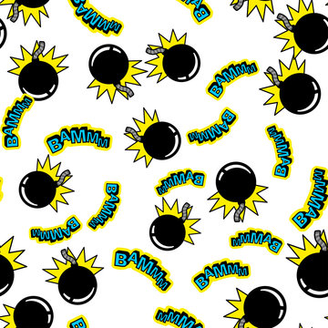 Seamless pattern with inscriptions and bombs. Vector comic seamless pattern in pop art retro style. Abstract seamless pattern for girls, boys, clothes. Trend colors, bright prints