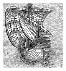 Galleon on sea navigating with sails full of wind, medieval engraving