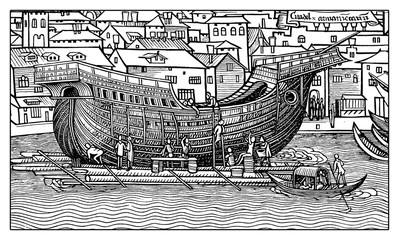 Medieval engraving: contruction of a ship in a floating dock on the river in front of a city