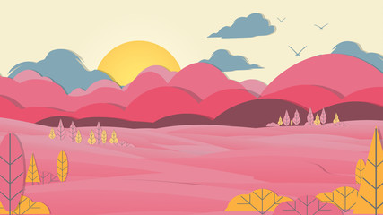 Obraz na płótnie Canvas Paper-cut Style Applique Meadow Landscape with Mountains - Vector Illustration.