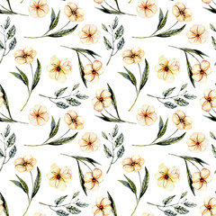 Seamless floral pattern with watercolor pink flowers, green leaves and branches, hand drawn isolated on a white background