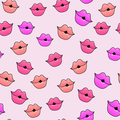 Female lips. Mouth with a kiss, pomade, lipstick. Vector comic seamless pattern in pop art retro style. Abstract seamless pattern for girls, boys, clothes. Childish print.