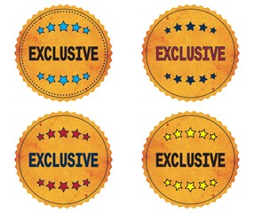 EXCLUSIVE text, on round wavy border vintage, stamp badge.