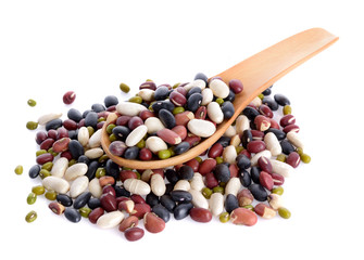 grains mix beans in wood spoon isolated on white background