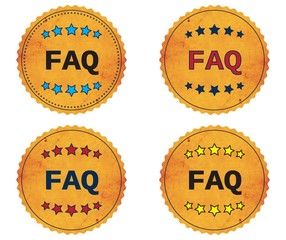 FAQ text, on round wavy border vintage, stamp badge.