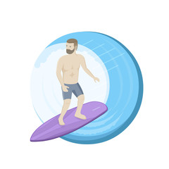 Hipster surfer on the board. Big wave isometric view. Vector flat illustration isolated on white background.