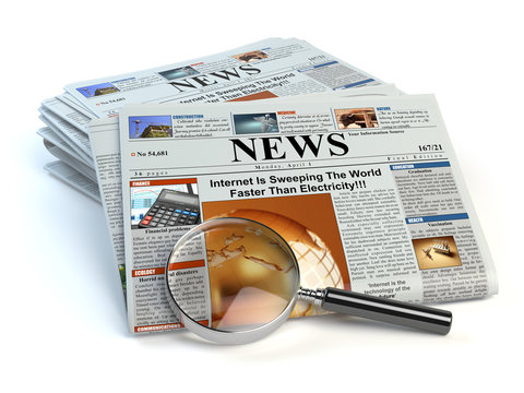 News concept. Newspapers and magnifying glass isolated on white.