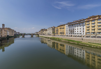 Beautiful view of Lungarno degli Acciaiuoli from Ponte Vecchio, historic center of Florence, Italy