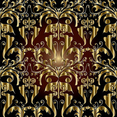 Damask floral seamless pattern. Dark flourish background wallpaper illustration with vintage  gold  3d flowers, swirl leaves and antique ornaments in Baroque Victorian style. Surface vector texture.