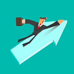 Businessman flies on a growing arrow. Success concept.