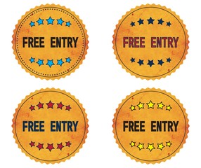 FREE ENTRY text, on round wavy border vintage, stamp badge.