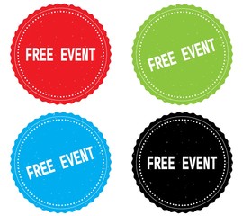 FREE EVENT text, on round wavy border stamp badge.