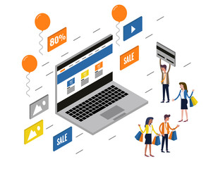 Online shopping and online marketing on computer desktop concept. Flat 3d isometric Vector illustration.