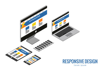 Responsive web design, computer equipment, application development and page construction. Isometric 3d flat vector illustration.