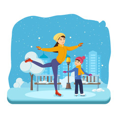 Boy with in winter clothes, ride on ice good mood.