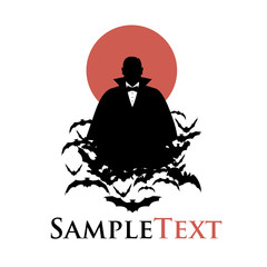 Fototapeta premium Silhouette of vampire on a cloud of bats and red moon in the background