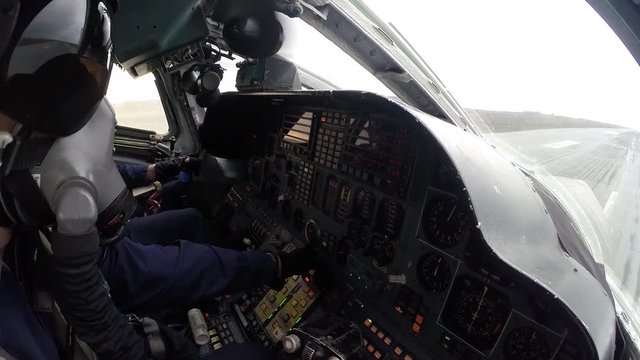 In the cockpit of an airplane taking off