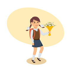 Girl in school uniform, with backpack, flowers, goes to school.