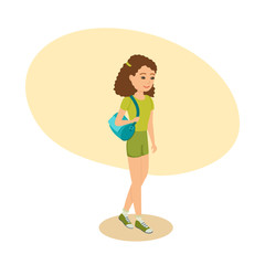 Girl with bag on her shoulder, goes to training.