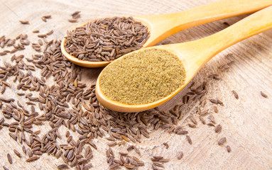 Ground cumin in a spoon and whole cumin