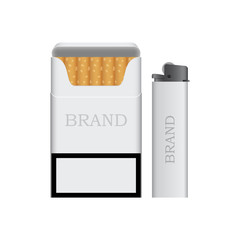 A pack of cigarettes and lighter template, open package, isolated on white