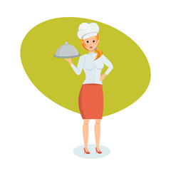 Cook in branded clothes is standing with tray in hand.