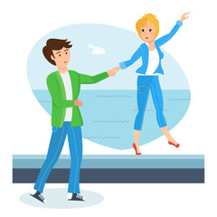 Loving couple on warm summer day, walks along the waterfront.