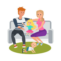 Obraz premium Young couple in park on bench, relax, play with children.