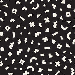 Scattered Geometric Shapes. Inspired by Memphis Style. Abstract Background Design. Vector Seamless Black and White Irregular Pattern.