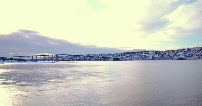 Drone shot of Tromsø city, Norway, bridge low
