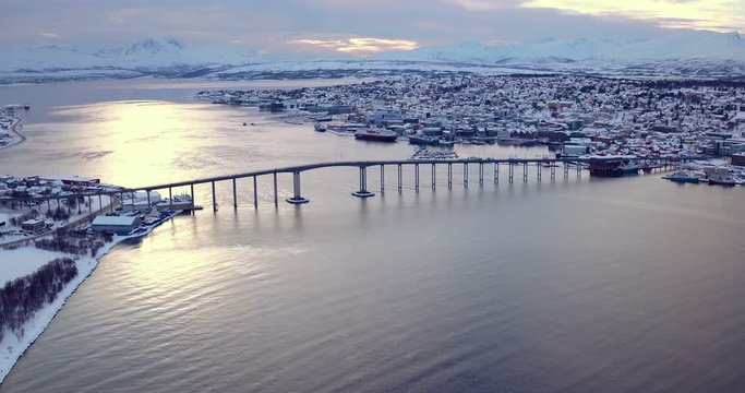 Drone shot of Troms&oslash; city, Norway, bridge high