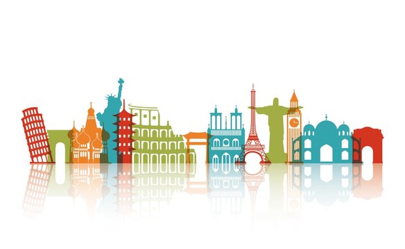 colorful iconis monuments of the world over white background. travel and tourism design. vector illustraiton