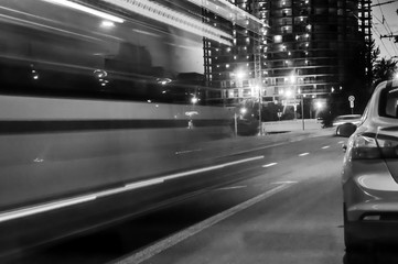 A moving blurred bus