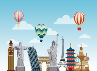 Fototapeta premium iconics monuments of the world and air balloons flying over sky background. travel and tourism design. vector illustraiton