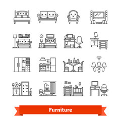 Furniture and home decor. Thin line art icons set