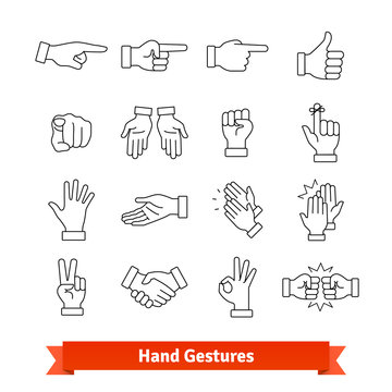 Hand gestures thin line art icons set