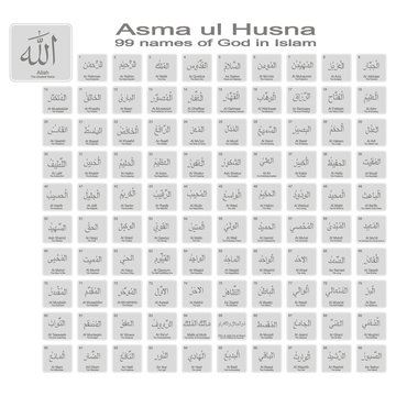 set of monochrome icons with 99 names of god in islam for your design