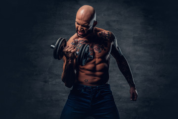 Fototapeta na wymiar Shirtless shaved head, muscular male with tattoos on his chest and arms holds dumbbell.