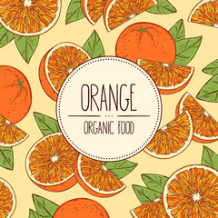 Vector hand-drawn banner with oranges, orange slices and leaves. Vector illustration for shop, book, emblem, menu, label. Place for text