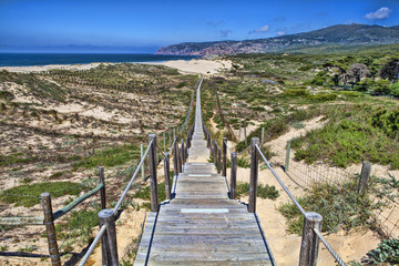 Fototapeta na wymiar Wooden board path way to the sandy beach