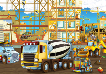 cartoon scene of a construction site with different heavy machines and workers - illustration for children